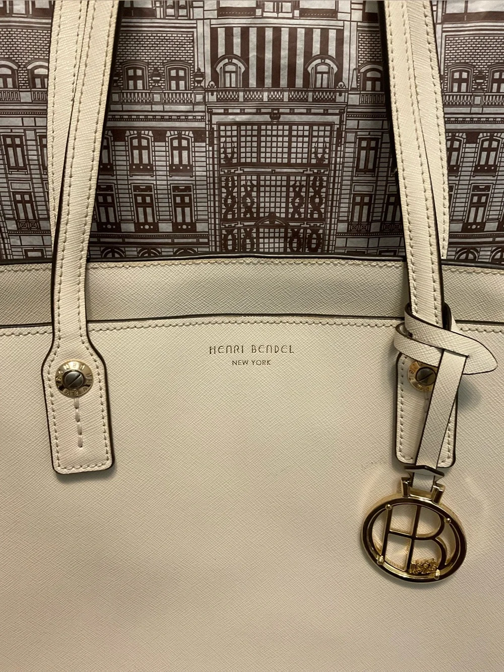 Cream Henri Bendel Zippered Tote with Gold-tone Hardware